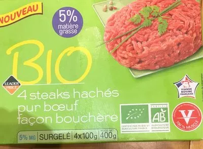 BIO 4 Steaks Hachés Pur Boeuf Façon Bouchère Leader Price 400 g (4 * 100 g), code 3263859972615