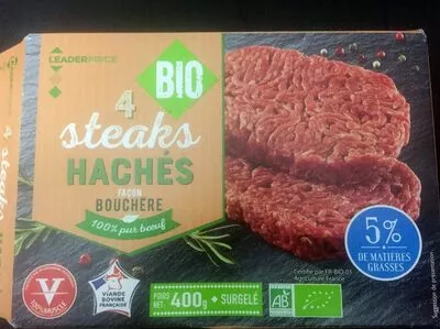 Steacks Hachés bio facon bouchère Leader Price 4 x 100 g, code 3263859972622