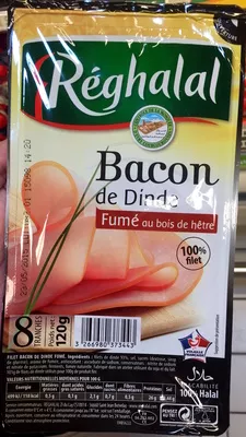 Bacon de dinde fumé au bois de hêtre Réghalal 120 g, code 3266980373443