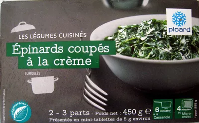 Epinards coupés à la crème Picard 450 g, code 3270160086887