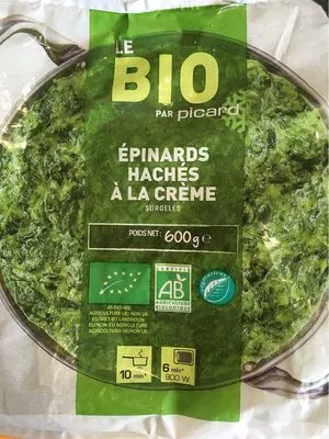 Epinards hachés à la creme bio Picard 600 g e, code 3270160876433