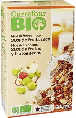 Muesli floconneux 30% fruits secs Carrefour bio 500 g, code 3270190136835