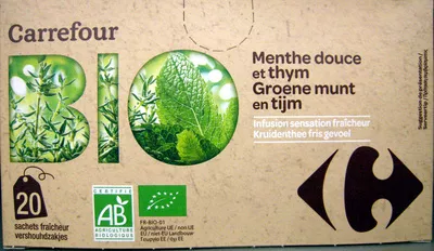 Infusion Menthe douce et thym Bio Carrefour Carrefour 30 g (20 sachets de 1,5 g), code 3270190192039