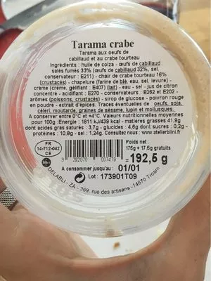 Tarama crabe L'atelier Blini 175 g, code 3292070007479