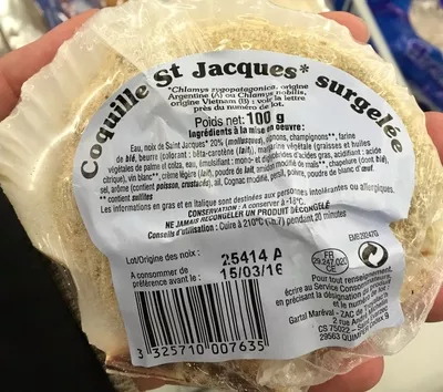 Coquille St Jacques* surgelée Sans marque 100 g, code 3325710007635