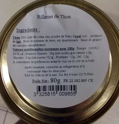 Rillettes de Thon Les Délices de la Mer 80 g, code 3325815009855