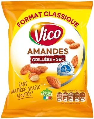 Amandes Grillées à Sec au Sel de Guérande Vico, Intersnack 100 g, code 3336971508038