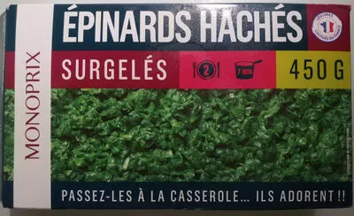 Épinards hachés surgelés Monoprix,  Monoprix Exploitation 450 g, code 3350030162023