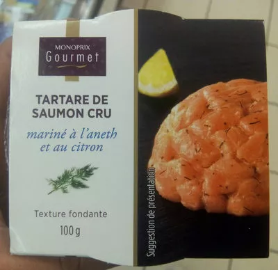 Tartare de saumon cru Monoprix gourmet 100g, code 3350030198312