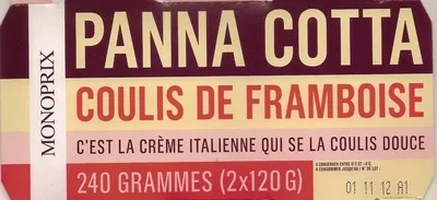 Panna Cotta coulis framboise Monoprix 240 g (2 x 120 g), code 3350033019225