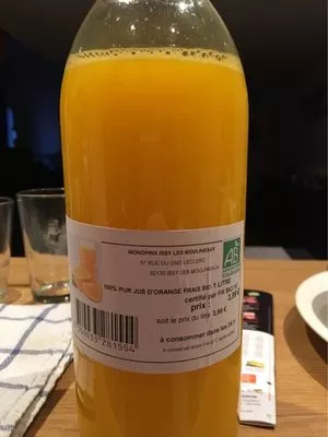 100% Pur Jus d'Orange Frais Bio Monoprix 1 L, code 3350033281554