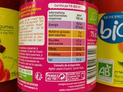 Jus de légumes bio Monoprix 75cl, code 3350033293342