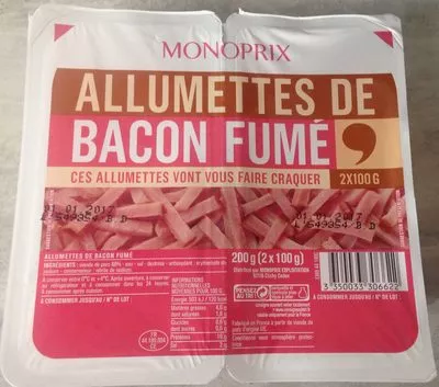 Allumettes de bacon fumé Monoprix 200 g (2 * 100 g), code 3350033306622