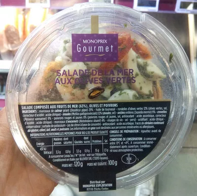 Salade de la mer aux olives vertes Monoprix Gourmet, Monoprix 120 g, code 3350033585539