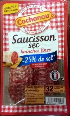 Saucisson sec tranches fines -25% de sel Cochonou 100g, code 3449865232466