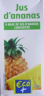 Jus d'ananas à base de jus d'ananas concentré Eco +, Scamark (Filiale E. Leclerc) 1 litre, code 3450970023597