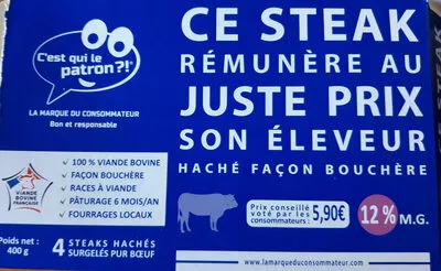 Steaks hachés 12% C'est qui le patron !?, La marque du consommateur 4x100g, code 3463490001792