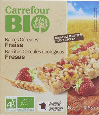 Bio barres céréalières aux fraises lyophilisées Carrefour bio 138 g, code 3560070386536