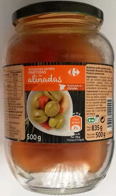 Aceitunas verdes partidas aliñadas Carrefour 835 g neto, 500 g escurrido, code 3560070422425