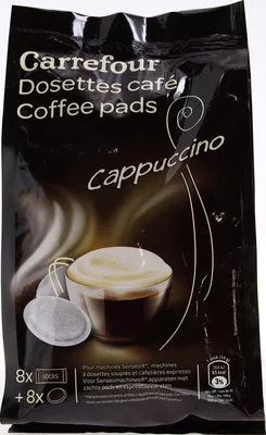 Dosettes de café  Cappuccino Carrefour 168 g (8 dosettes + 8 sticks), code 3560070755370