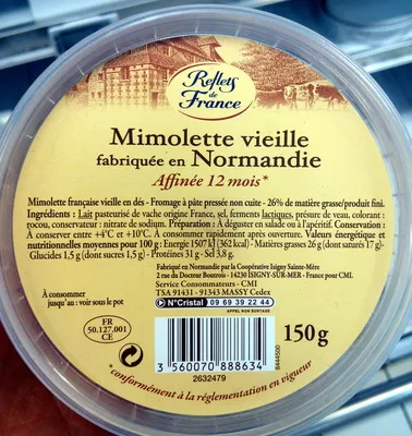 Mimolette vieille fabriquée en Normandie Reflets de France 150 g, code 3560070888634