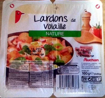 Lardons de Volaille Nature Auchan, L'oiseau, Auchan Production, Groupe Auchan 160 g (2 x 80 g), code 3596710332373