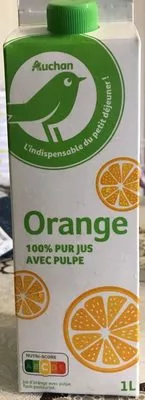 Jus d'orange 100% pur jus avec pulpe Auchan 1 L, code 3596710743261