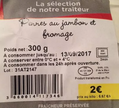 Pennes au Jambon et Fromage A2Pas 300 g, code 3660014117346