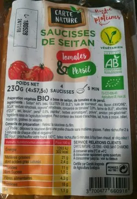 Saucisses de seitan tomates & persil Carte Nature 230 g, code 3700477660918