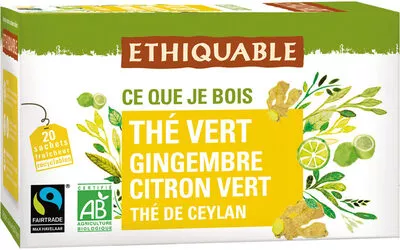 Thé vert gingembre citron vert Ethiquable 36 g, 20 sachets de 1.8 g, code 3760091720160