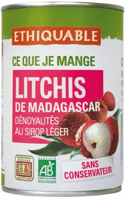 Litchis de Madagascar dénoyautés au sirop léger Ethiquable 425 g (égoutté : 250 g), code 3760091725172