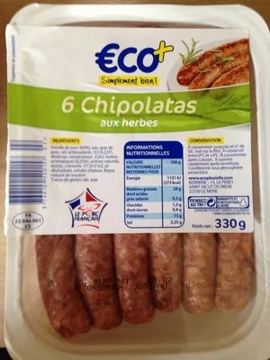 6 chipolatas aux herbes Eco+ 330 g, code 3760109520157