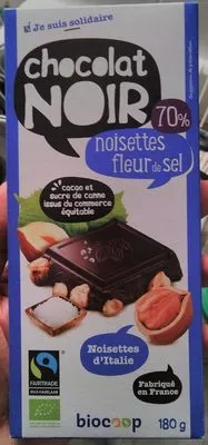 Chocolat 70% Noisettes & fleur de sel Biocoop 180g, code 3760121213839