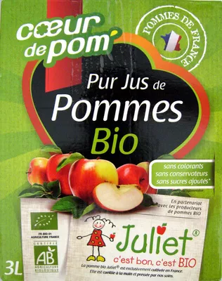 Pur jus de pomme bio Juliet Les Jardins de l'Orbrie, Coeur de Pom 3 L, code 3760195900246