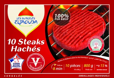 10 steaks hachés 100% pur boeuf (15% MG) Les surgelés Eljaouda 800 g, code 3770005344061