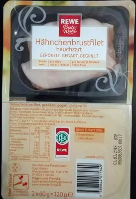 Hähnchenbrustfilet hauchzart gepökelt, gegart, gegrillt REWE Beste Wahl 60g, code 4388844075849