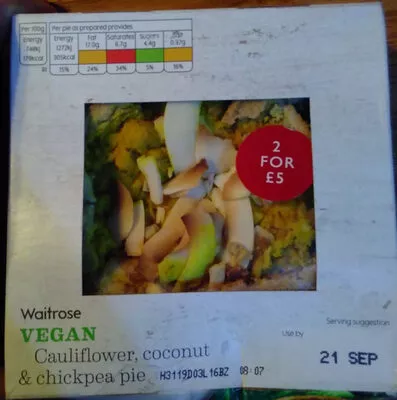 vegan cauliflower, coconut and chickpea pie waitrose 170 g, code 5000169530610