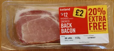 Smoked rindless back bacon rashers with added water Iceland 330 g, code 5010482797034