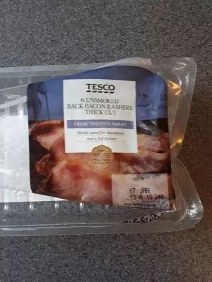 6 unsmoked back bacon rashers thick cut Tesco , code 5052319995152