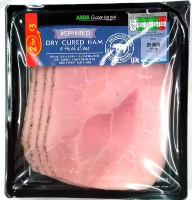 Peppered Dry Cured Ham - 4 thick slices Asda 130g, code 5052449336030