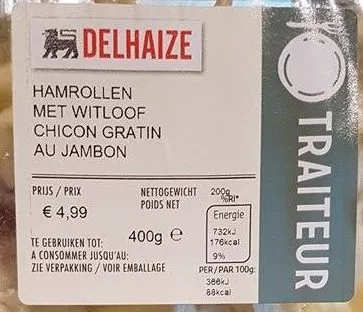 Chicon gratin au Jambon Delhaize 400 g, code 5400112492901