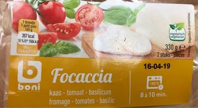 Focaccia fromage tomates basilic boni, colruyt 330 g, code 5400141080506