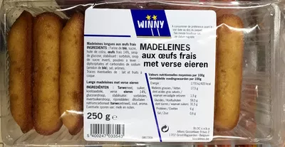 Madeleines aux œufs frais Winny, Bloc cvba, Groupe Louis Delhaize 250 g, code 5400247033543