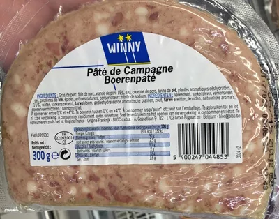 Pâté de Campagne Winny, Bloc cvba, Groupe Louis Delhaize 300 g, code 5400247044853