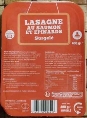 Lasagnes au saumon et épinards surgelés Aucune 400 g, code 5450100014417