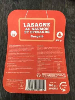 Lasagne au saumon et epinards surgelé Marque Repère 400 g, code 5450100014424