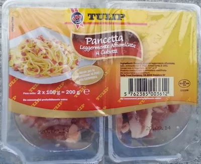 Pancetta leggermente affumicata a cubetti Tulip, Tulip Food Company P/S Tulipvej 1 8940 Randers SV Denmark 200 g 2 x 100 g, code 5762385003612