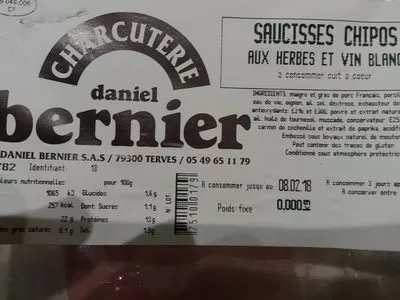 Saucisses Chipos aux Herbes et Vin Blanc Charcuterie Daniel Bernier 0 kg, code 70500189