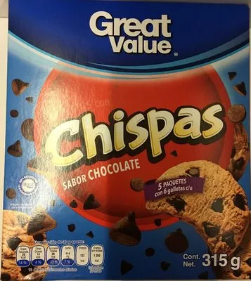 Chipas sabor a chocolate Great value 315 g, code 7501791665216