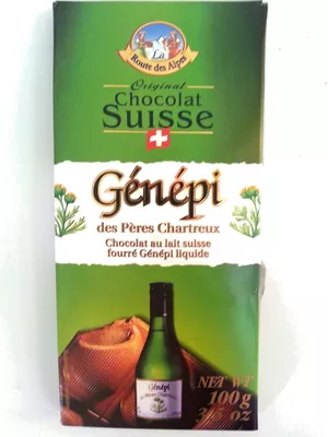 Chocolat au lait suisse fourré Génépi liquide La route des Alpes 100g, code 7610036000818